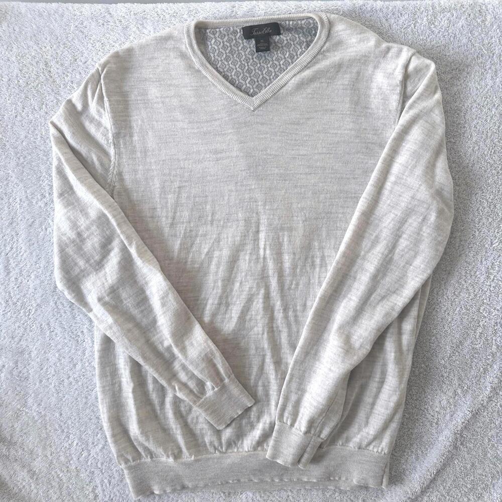 Tasso Elba Beige V-Neck 100% Extrafine Merino Wool Sweater - XL